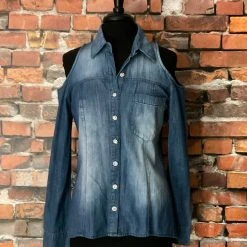 Scandalicious TIFFIANY'S CLOSET Cold-Shoulder Denim Shirt With Rhinestone Buttons