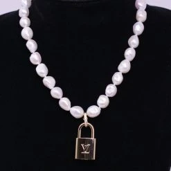 Vintage To Vogue Designs Real Vintage Brass LV Lock On Boroque Pearl Necklace