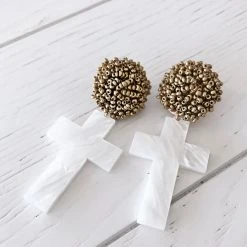 Brianna Cannon Jewelry Pearl White Acrylic Cross With Gold Beaded Top