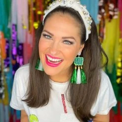 Brianna Cannon White Twill Headband With Large Pearls And Crystals Hats/Headbands/Scarves/Gloves