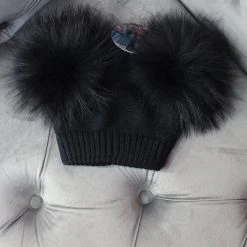 Maniere Double Raccoon Fur Baby Pom Beanie Kid's Hats