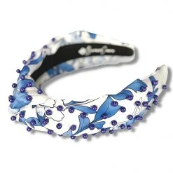 Brianna Cannon New Arrivals Blue And White Chinoiserie Headband With Hand-Sewn Beads